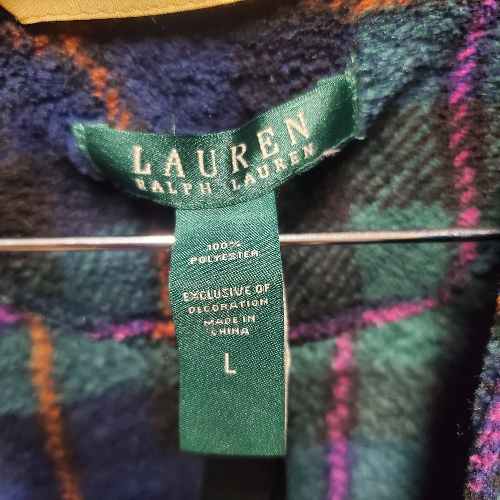 Lauren Ralph Lauren Womens Large Plush Fleece Robe Long Sleeve Plaid Blue Green - Picture 3 of 8